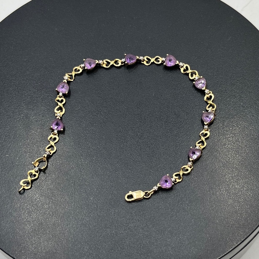 Vintage Estate 10k Yellow Gold Amethyst Infinity Diamond Tennis Bracelet 7.5"